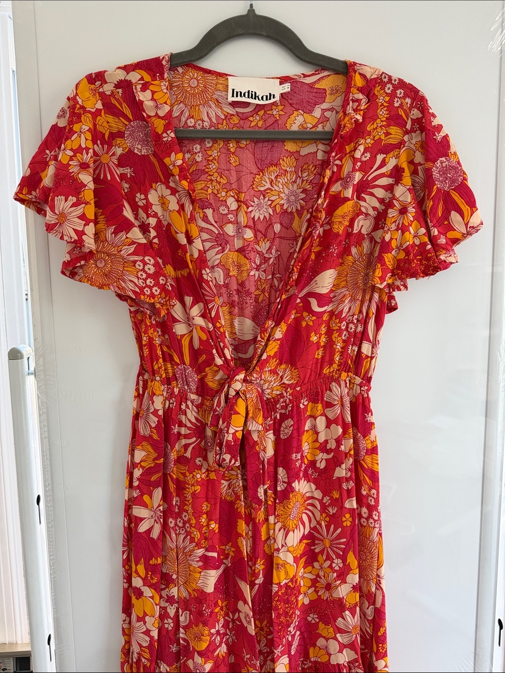 Indikah Floral Tie-Front Maxi Dress in Red & Yellow